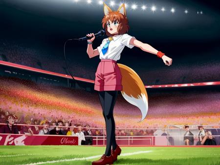 1girl, solo, KotoCzar, (fox ears, small tail, auburn hair, whiskers, whisker markings), (pink shorts, choker, wristband, black pantyhose, white shirt, yellow shirt collar, blue necktie), (full body, standing, microphone, announcer, arena, crowd, fighting ring), (masterpiece:1.2), hires, ultra-high resolution, 8K, high quality, (sharp focus:1.2), clean, crisp, cinematic,<lora:Koto-v1:0.7>