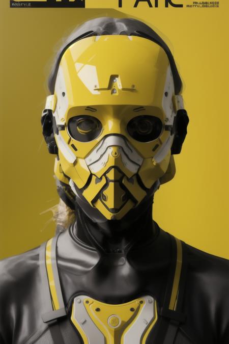 (a woman with a yellow mask on a magazine cover,   hightech_robotics  ,)