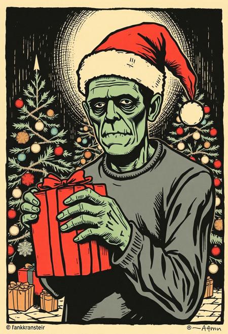 Woodblock print of Frankenstein's monster wearing a Santa hat and holding a Christmas present in front of decorated Christmas trees. Looking at viewer. woodcut. linocut