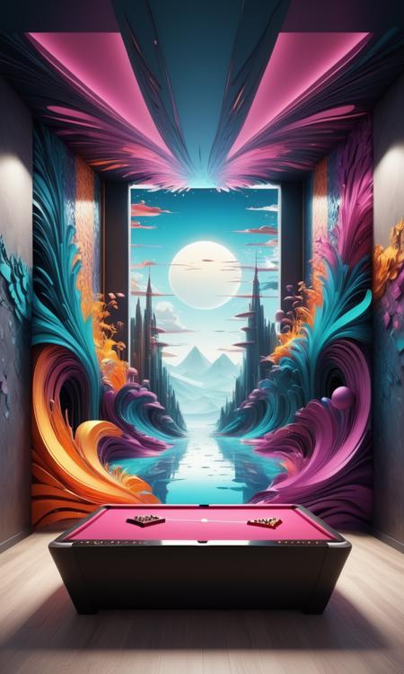 Architectural style <lora:CivitAI__Style_Fusion_-_FFusionAI_Entry_64DIM:0.8> abstract gaming room with a view in the wall to surreal detailed world mural in a room, abstract 3 d artwork, 3d digital art 4k, intricate flowing paint, surreal colors, surreal design, 3d abstract render overlayed, digital artwork 4 k, abstract 3d rendering, detailed digital 3d art, 8k stunning artwork, 4k highly detailed digital art, digital art 4k . octane render, highly detailed, volumetric, dramatic lighting . Clean lines, geometric shapes, minimalist, modern, architectural drawing, highly detailed