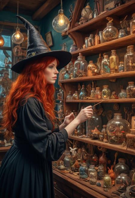 A red haired witch inspecting a magical, mysterious, wonderful, shop of curiosities. colourful, imaginative, realistic