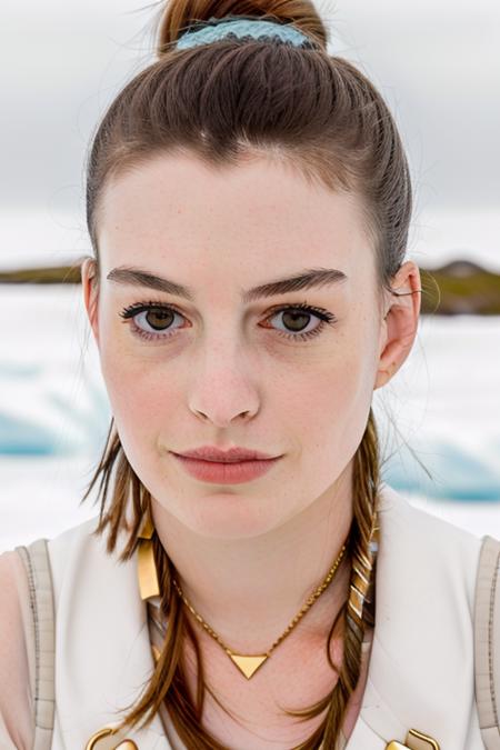 raw photo of a beautiful young woman, serious expression, pale, in a stunning dress, in an arctic paradise, gold necklace, polar bead in background, close up, 8k uhd, adorable face, sharp focus, fujifilm xt3