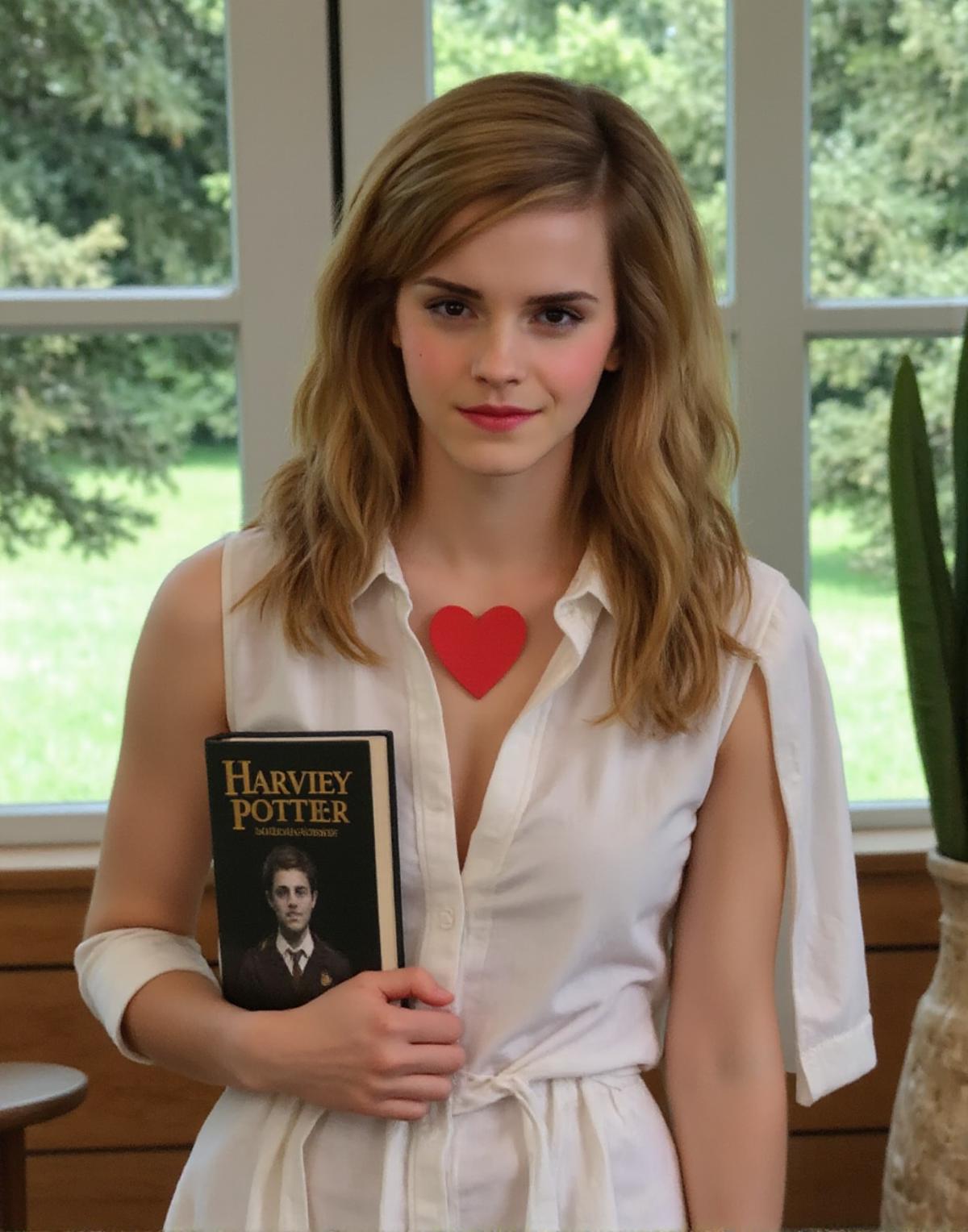 A nostalgic 90s-style photograph, 
photo of a woman, amateur photo 1990, in natural light,  in a white dress, holding a book called "Harry Potter" and a red heart sign., <lora:3mm4w-flux:1>