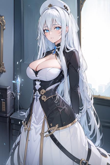 masterpiece,best quality,extremely detailed,snsoyuz,1girl,solo,long hair,blue eyes,large breasts,gloves,dress,cleavage,very long hair,white hair,((wedding dress)),scenery,indoors,(arms behind back),Worried,mature women, <lora:sovetsky_soyuz_(azur_lane)_V2:0.7>,<lyco:LoconBurstingBreasts_v1:0.7>, good hands