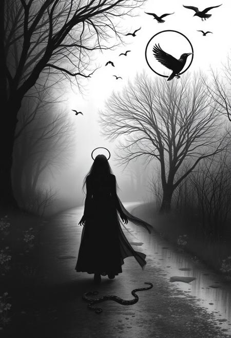 She spoke to me, approaching me
On a road so dark and dreary
Her black halo walked by me
Disappearing so far behind
She travelled not alone
An old wife followed on her side
And snakes crawled behind her steps
And crows circled overhead