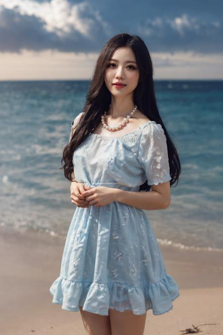 best quality,[masterpiece],((beautiful:0.75) cute girl:0.75),Professional,photo_(medium),ultra-fine painting,1girl,(long hair:1.4),outdoors,(front:1.3),(standing:1.3),seaside,cloudy sky,cowboy_shot,
Sweet girl clothes2,pearl necklace,blue dress,flower, <lora:yaobeina:0.8>