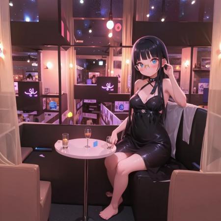 best quality, ultra-detailed, illustration,
sc1, scenery, night, lights, indoors, light, neon lights, couch, table,
1girl, glasses, black hair, long hair, black dress, drinking glass, 
 <lora:SC1_SD15_V1:1>