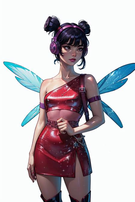(Musa)  (short twin tails, bangs, black hair, black eyes, asian) (casualoutfit), (red croptop, baggy cargo jeans, red headband) (FairyOutfit), (red dress, red skirt, simple blue fairy wings, purple headphones, sparkling clothing)