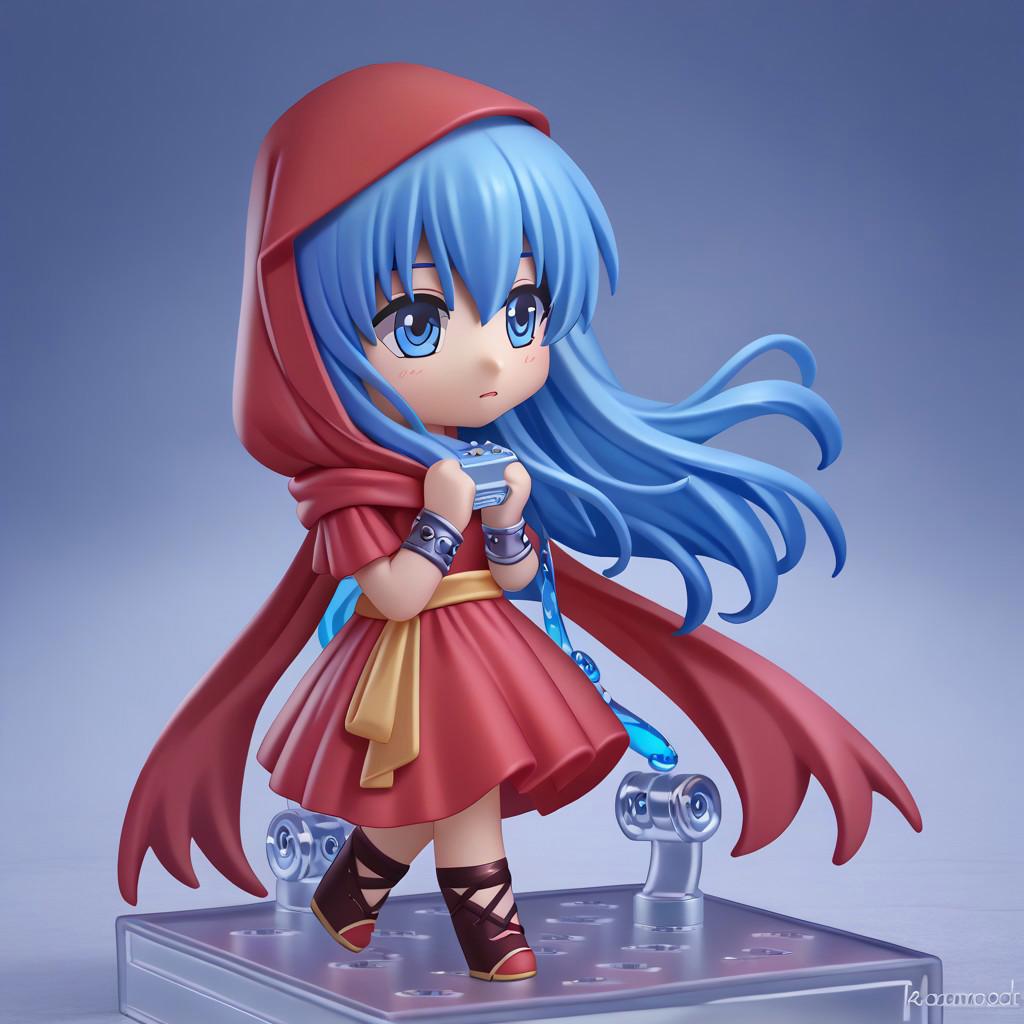 score_9, score_8_up, score_7_up, faux figurine, nendoroid, full body, figure, platform, solo, <lora:Nendoroid_pdxl_Incrs_v1:1>, <lora:ysreah-pdxl-nvwls-v1-000005:1> reah, blue hair, long hair, blue eyes, red scarf, red cloak, red dress, bracelet, hood up, from side,chibi, harmonica