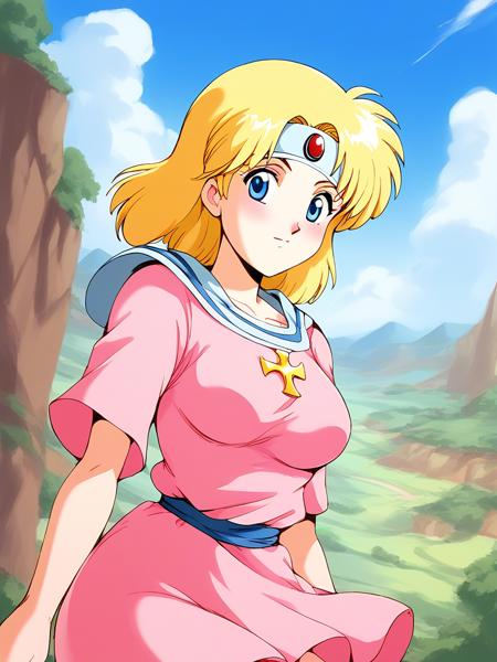 Sister_Ultima_Exodus, blonde hair, 1990s (style), blue eyes, medium hair, headband, circlet, breasts, pink dress, pink skirt, blue line,