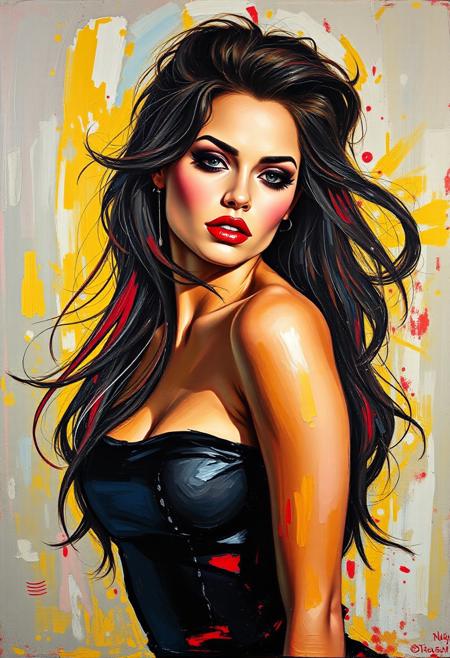 A stunning and vibrant oil painting captures an alluring woman with dark makeup, bold red lips, and long, hair,  The artist's expressive brushwork imbues the scene with movement and energy, showcasing the woman's form. The painting's vivid palette and impasto technique create a cheerful, cinematic atmosphere.