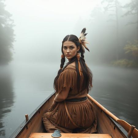 beautiful woman, Native American, wearing deerskin clothes, woven hair ornament,  paddling a birch bark canoe through thick fog along a river through the forest, facing viewer