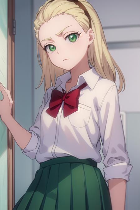 rurichiyokasumioji, <lora:rurichiyokasumioji-lora-nochekaiser:1>, 
rurichiyo kasumioji, long hair, blonde hair, (green eyes:1.5), hairband, hair pulled back, forehead,
BREAK skirt, shirt, bow, school uniform, white shirt, pleated skirt, socks, miniskirt, bowtie, red bow, kneehighs, brown footwear, black socks, loafers, red bowtie, grey skirt, sleeves rolled up,
BREAK indoors, classroom,
BREAK looking at viewer, (cowboy shot:1.5),
BREAK <lyco:GoodHands-beta2:1>, (masterpiece:1.2), best quality, high resolution, unity 8k wallpaper, (illustration:0.8), (beautiful detailed eyes:1.6), extremely detailed face, perfect lighting, extremely detailed CG, (perfect hands, perfect anatomy),