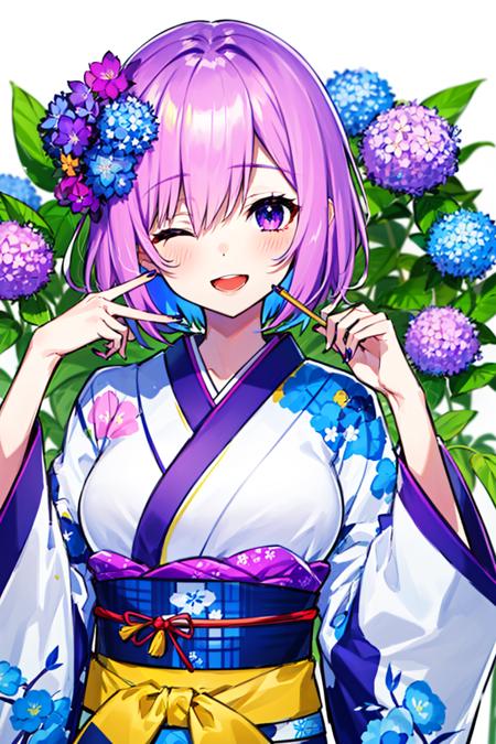 multicolored, mash_kyrielight, japanese_clothes, kimono, 1girl, flower, hair_ornament, open_mouth, floral_print, smile, solo, morning_glory, short_hair, yellow_kimono, hair_flower, nail_polish, hydrangea, bamboo, print_kimono, purple_eyes, sash, looking_at_viewer, purple_flower, orange_kimono, obi, one_eye_closed, eyebrows_visible_through_hair, upper_body, blush, wide_sleeves, fruit, eggplant, holding, bangs, pink_hair, eyes_visible_through_hair, long_sleeves, hair_over_one_eye, multicolored_kimono, hair_between_eyes, breasts, food, blue_flower <lora:style_MikaPikazo:1>