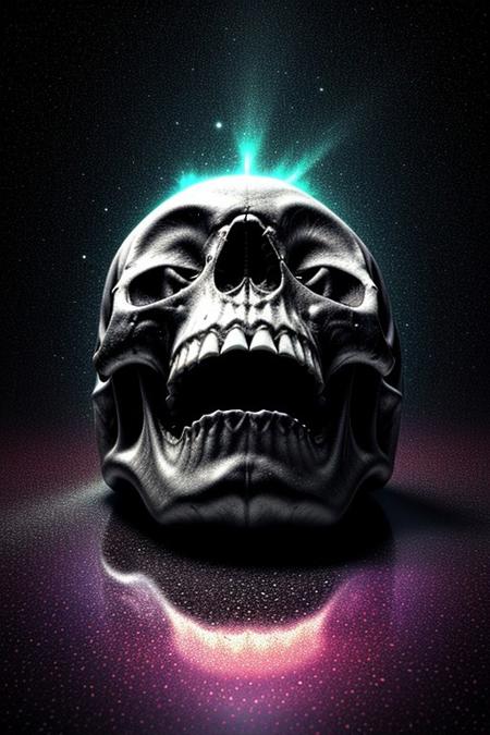 A close-up photorealistic image of a crystallic floating skull facing the viewer with its mouth open, pouring from it's mouth a shimmering liquid resembling the universe onto the ground, filled with rich stars and swirling galaxies. A simple void background enhances the dark atmosphere, shrouded in fog, capturing the hypnotic flow and shimmer of the cosmic liquid, from below view,