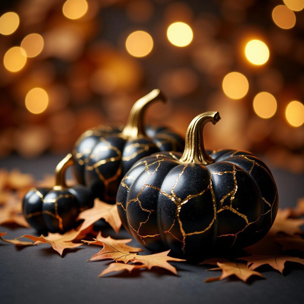 A close-up bokeh shot of pumpkins composed of black and gold cracked golden joinery, fall decor, professional photograph, a background of gilded leaves