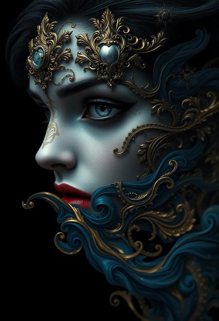 A cinematic shot of a highly detailed digital illustration in a macabre style. The focus is on a fantastical beautiful woman, face with a dark, intricate fantasy theme. Her silver-gray eye contrasts with the ornate gold details adorning her face. The background is a deep, velvety black, amplifying the mystery. Her body dissolves into mesmerizing waves of gold and swirling blue onyx, blending seamlessly into the void. The image has a cinematic aesthetic, evoking an eerie yet captivating sense of otherworldly beauty.