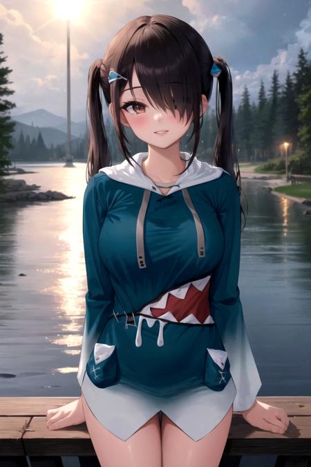 (highly detailed:1.3),
smile, parted lips, glossy lips, beautiful lips, blush, twintails, black hair, long hair, hair over one eye, x hair ornament, ggcosplay, long sleeves, (night:0.1), moonlight, lake, HDR, 
Ultra-detail,(highres:1.1),best quality,(masterpiece:1.3), cinematic lighting,  <lora:otakoGuraCos:1>