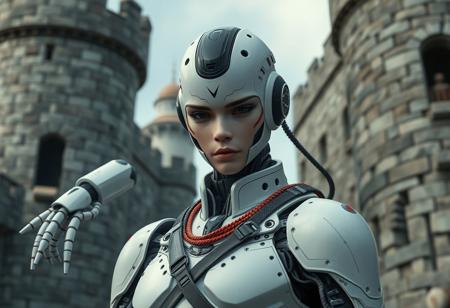 Create a realistic, highly detailed 4K or 8K image of a cyborg character with a techwear aesthetic, inspired by the styles of John Brack and Bruce Pennington. The character should have a CGI appearance and be set against the backdrop of castle walls. The image should mimic the look and feel of Japanese animation and have a focus on realistic human movement and pose, focusing on centered composition with the cyborg's face and upper body prominent. Ensure the cyborg's arms are long and gangly, with a mix of mechanical and organic elements integrated into the design. The image should be rendered in a style reminiscent of Unreal Engine 4, with high attention to detail and realistic lighting. Provide the final image in a high-resolution format.