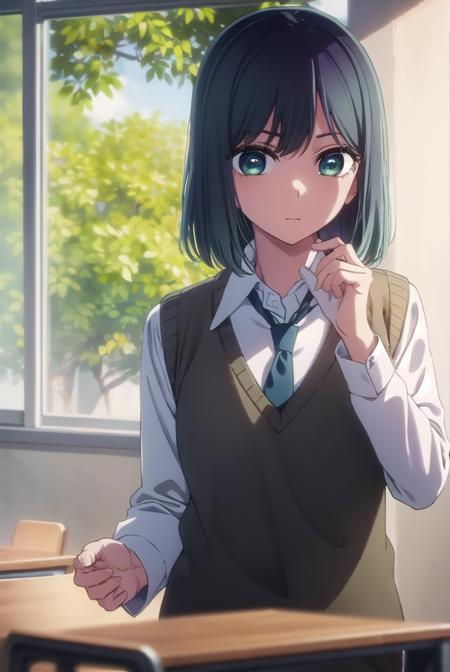 akanekurokawa, <lora:akane kurokawa s1-lora-nochekaiser:1>,
akane kurokawa, bangs, (green eyes:1.3), blue hair, medium hair, dark blue hair,
BREAK shirt, school uniform, white shirt, necktie, collared shirt, vest, blue necktie,
BREAK indoors, classroom,
BREAK looking at viewer, (cowboy shot:1.5),
BREAK <lyco:GoodHands-beta2:1>, (masterpiece:1.2), best quality, high resolution, unity 8k wallpaper, (illustration:0.8), (beautiful detailed eyes:1.6), extremely detailed face, perfect lighting, extremely detailed CG, (perfect hands, perfect anatomy),