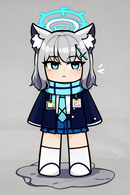 best quality, masterpiece, 1girl, solo, halo, animal ears, animal ear fluff, grey hair, medium hair, hair ornament, blue eyes, mismatched pupils, white shirt, scarf, jacket, skirt, long sleeves, necktie, open jacket, id card, standing, full body, white background, chibi, <lora:ROBLOXBlockyStyle:0.8>, <lora:ShirokoBA:0.9>