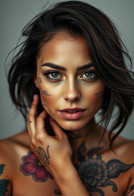 Gorgeous woman portrait, she have face skin covered by tattoed random words