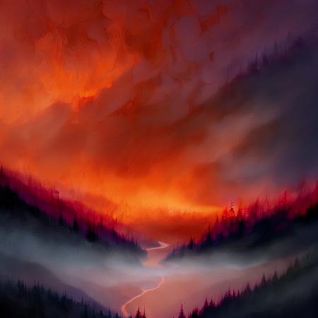 a painting of a fire burning over a lake with a forest in the background and a red sky above <lora:Bambi:1>