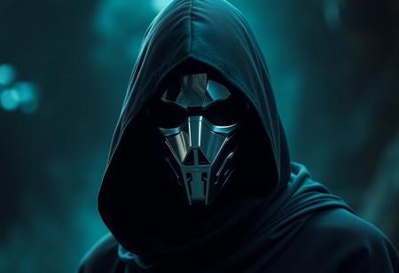 Mysterious figure wearing a dark hooded cloak and a sleek, reflective futuristic metallic bio mask. Enigmatic pose, shrouded silhouette. Blurred, surreal otherworldly background with swirling green and blue hues. Dark, atmospheric, deeply mysterious mood. Cinematic, dramatic lighting, rim light. Highly detailed matte painting, digital art, lifelike quality. 4K, sharp focus, impeccable composition, creative angle. Octane Render, Unreal Engine 5, trending on Artstation, CGSociety, Golden Ratio.