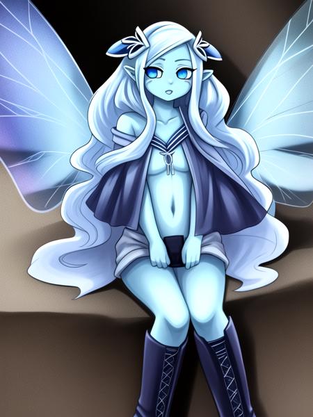 Lee the World Chalice Fairy, fairy, blue skin,1girl, long hair, blue eyes, blue hair, fairy wings, pointy ears, colored skin, monster girl,  no pupils, blue sclera, little body, no humans, thigh boots, flat chest, bottomless, see-through shawl, cape, no panties Lee the World Chalice Fairy, human, scientist, 1girl, unkempt, long hair, hair ornament, purple eyes, ahoge, pointy ears, purple eyes, symbol-shaped pupils, miniskirt, labcoat, black skirt, blue shirt, red nail, blue hair