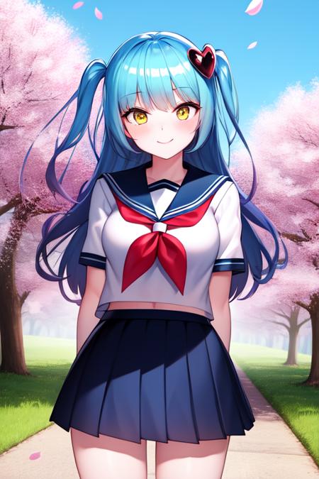 masterpiece, best quality, 1girl,  outdoors, smile, blush, arms at sides, cowboy shot, blue hair, gradient hair, two side up, yellow eyes, white serafuku,  school uniform, cherry blossoms, heart hair ornament   <lora:queenofhatred_2385:0.8>