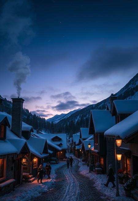 A quaint, snow-covered village nestled in the mountains at twilight. Smoke curls up from chimneys, and warm lights glow in the windows of cozy cottages with steep, snow-covered roofs. Icicles hang from the eaves, and snowflakes drift gently through the air. A few villagers wrapped in scarves and coats walk along the cobblestone streets, and festive decorations line the lamp posts. The sky is a mix of deep blue and purple, with the first stars beginning to twinkle. The entire scene radiates warmth and tranquility despite the chilly setting.