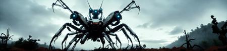 Lush dense natural late night forest scenery from "horizon zero dawn" cloudy stormy; (long shot:1.5) of a white and black mechanical robotic machine inspired by "Horizon zero dawn" resembling a giant (Mantis:1.4) fitted with futuristic weapons and glowing eyes; captured in a (long shot:1.4) with a full frame DSLR camera with a wide angle 35mm prime lens, with f/8 aperture, 1/500 sec shutter speed, ISO 100; UWQHD, wide-angle, wide-screen, ultra-wide, realistic depth, scale, rule of thirds, absurdres;  <lora:add-detail-xl:1.5>    <lora:compb0t:0.8> <lora:zkeleton:0.5>; dense foliage blocking out the sky, exotic birds, tarantulas