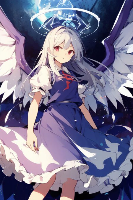 sariel_(touhou) solo, 1girl, toriel, silver_blue_hair, smile, crazy_grin, red_eyes, purple dress, emblem_on_chest, tabard, large_breasts, long_sleeves, hair_between_eyes, very_long_hair, wings, ((multiple wings, seraph)):2, angel wings, feathered wings, angel_with_six_wings, white wings, 