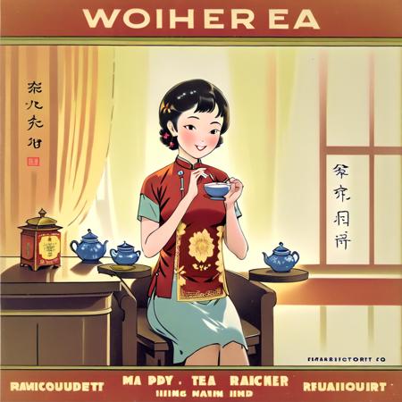 Visualize a classic and elegant product poster. The primary subject is an Asian woman, dressed in a traditional qipao, radiating grace and beauty. Her smile is gentle and inviting. She is seated comfortably on an ornate wooden chair, and the frame captures her from the waist up. The indoor setting boasts subtle sophistication: a polished wooden table stands nearby with a delicate porcelain teapot and cup, presumably filled with the advertised tea. Light filters softly through a window in the background, casting a warm glow over the scene, hinting at a serene afternoon. A gentle breeze ruffles sheer curtains, adding movement and life to the composition. Across the top or bottom of the image, in elegant script font, the words 'Oriental Beauty Tea' are inscribed,<lora:oldhkstyle:0.8>