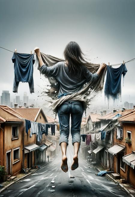 flying woman (hanging laundry on clothesline:1.3), from behind, side shot, bottom view:, strong wind, heavy rain, (city below:1.2), ral-dissolve, 8k, F2.8, RAW Photo, ultra detailed,  <lora:ral-dissolve:1.3>  <lora:Shadowy_Linens:0.5>