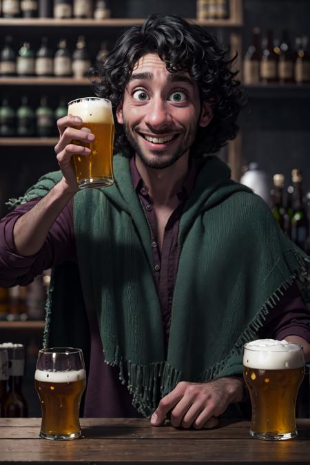 BrunoMadrigal,  1guy,  green poncho,  smiling,  shirt,  pants,  sitting,  glowing eyes,  holding a beer,  medium shot,  at the pub,  big chest,  masterpiece,  highres,  sharp focus,  cinematic lighting,  detailed face,  detailed eyes, <lora:EMS-42092-EMS:0.880000>