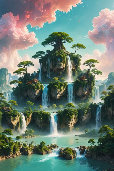 A dreamlike landscape where a waterfall cascades from a floating island into an endless sky. The scene captures a sense of serenity and wonder, painted in a surreal and imaginative style with a soft color palette. <lora:extremely_detailed:1> <lora:SDXLFaeTastic2400:1>