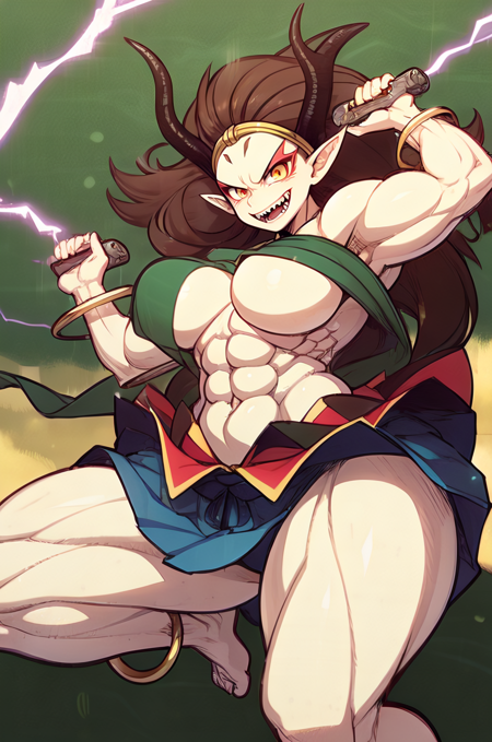 Raijin, hikimayu, colored skin, white skin, brown hair, long hair, muscular female, obliques, abs, horns, yellow sclera, red eyes, pointy ears, long hair, green hagoromo, large breasts, topless, gold bracelet, gold anklet, gold circlet, long hair, red eyeshadow, convenient censoring, oni, v-shaped eyebrows, tsurime, grin, fangs, teeth
