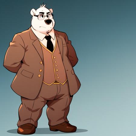 professorpaljas, 1boy, solo, furry male, bear, black eyes, white fur, fat, glasses,  black necktie, brown suit, pants