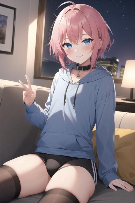 (Digital art, highres, best quality, 8K, masterpiece, ultra detailed:1.2), 1boy, adult male, effeminate male, male focus, flat chest, short messy pink hair, blue eyes, tall, thick thighs, light blue hoodie, collar, light blue shirt, black sport shorts, bulge, black thigh highs, femboy, okoto no ko, smiling, blushing, looking at viewer, inside, livingroom, sitting on couch, nighttime, dark,