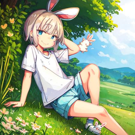 <lora:my-jrpencil-15:1> white bunny-boy in a t-shirt and shorts in tall grass , smiles , (illustration), cartoon, detailed