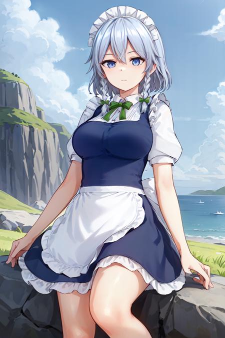 ((masterpiece, best quality,distinct image)), 1girl, solo, touhou, izayoi sakuya, white shirt, puffy short sleeves, frills, white maid apron, maid headdress, blue dress, looking at viewer, expressionless, outside of a castle, sitting on rock,(spread legs:0.6) breeze, blue sky <lora:Izayoi Sakuya:0.6>