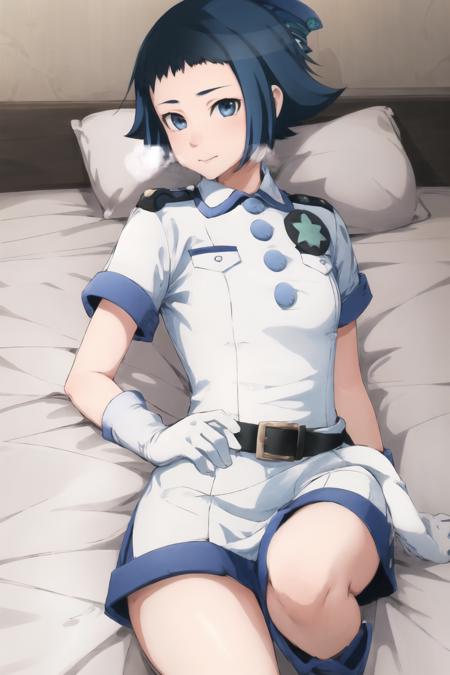 masterpiece, best quality, ultra-detailed, Sawai Riko, short hair, blue hair, blue eyes, white shirt, uniform, 3 blue buttons, police hat,  white gloves,   black belt, lying on bed, white shorts