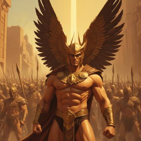 Flash Gordon-inspired, medium shot. Group of Hawkman warriors, in a majestic pose, stand ready for battle in an ancient Mesopotamian city. Close-up. Inspired by Alex Raymond's dynamic drawing style. Bronze armor glows with soft light, contrasted by deep shadows. Elegant feathers and talons adorn the Hawkman warriors, as sunlight filters through the city's dusty atmosphere. Soft, warm golden light bathes the scene. keywords: pulp illustration, retro-futurism, ancient Mesopotamia, Inanna goddess, Alex Raymond, Flash Gordon, heroic fantasy, vibrant colors, high contrast, cinematic lighting, detailed textures, elegant linework.