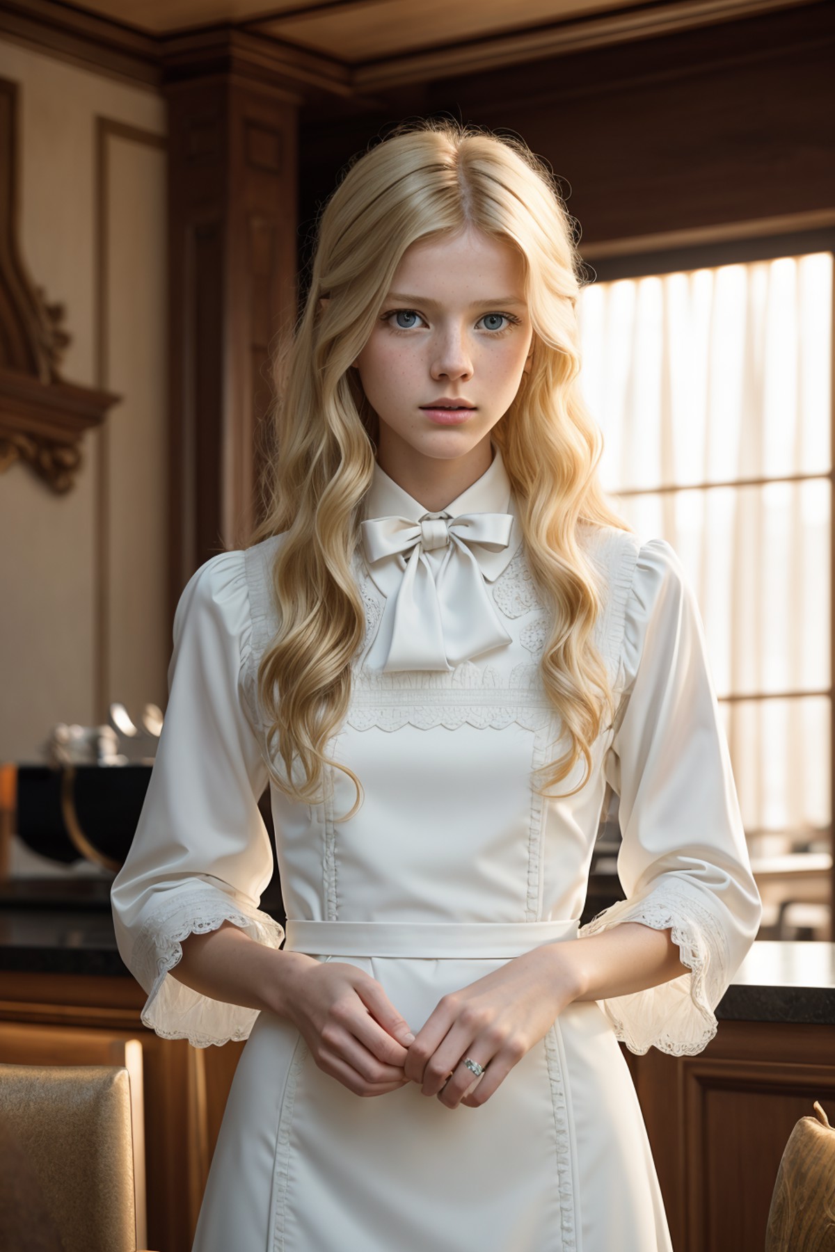 photo of (AnnemarieKuus:0.99), a woman as a waitress, (((walking in a fancy french restaurant))), modelshoot style, (extre...