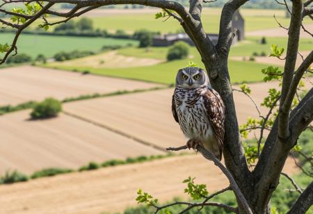 owl, looking bored, on a branch, daylight, high in a tree, plain fields in the background, rural ireland, summer, lots of green vegetation, castle ruin in the background,