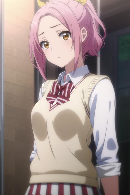 mariasarushima, <lora:maria sarushima s1-lora-nochekaiser:1>,
maria sarushima, short hair, (brown eyes:1.3), pink hair, ponytail, ribbon, hair ribbon,
BREAK skirt, shirt, bow, school uniform, white shirt, short sleeves, pleated skirt, striped, bowtie, red bow, grey skirt, sweater vest, striped bow, striped bowtie,
BREAK indoors, classroom,
BREAK looking at viewer,
BREAK <lyco:GoodHands-beta2:1>, (masterpiece:1.2), best quality, high resolution, unity 8k wallpaper, (illustration:0.8), (beautiful detailed eyes:1.6), extremely detailed face, perfect lighting, extremely detailed CG, (perfect hands, perfect anatomy),