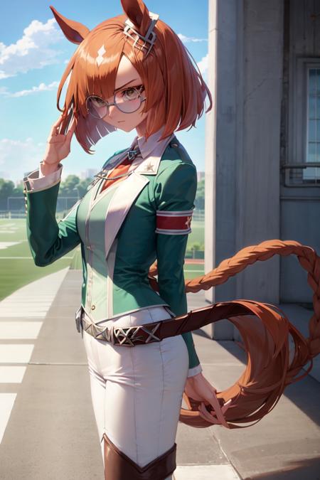 masterpiece, best quality, 
ikuno dictus \(umamusume\), 
blue sky, track, stadium,
full body, standing, looking to the side, adjusting eyewear, from side,
closed mouth, serious,
round eyewear, ear ornament, white shirt, collared shirt, red necktie, long sleeves, dress shirt, two-tone vest, green vest, white vest, armband, open clothes, green coat, belt, tailcoat, coattails, white pants, thighhighs, thigh boots, high heel boots, black footwear, 
<lora:ikuno_dictus_loha:0.7>