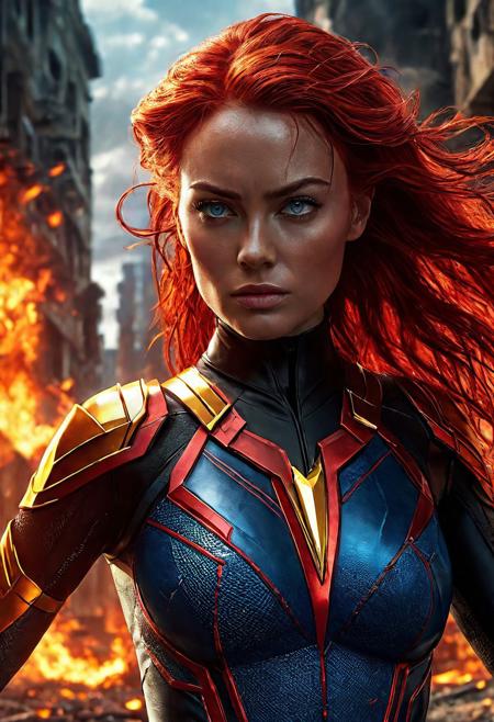 UltUltra detailed digital art masterpiece, Hyperdetailed, hyperrealism, extremely high resolution of Beautiful Superheroine Jean Grey as Dark Phoenix, Greg Rutkowski style, stands in a bloody, sinister fiery battle in the streets of a ruined city, Realistic blue eyes, wavy red hair, Intricately designed black and red X-Men Superheroine combat costume with X logo, Marvel, X-Men, 8K, deep color, Cinematic Lighting, intricate smooth, sharp focus digital painting, Artgerm, WLOP, Greg Rutkowski, Beautiful Sadie Sink as 21 years old Jean Grey as Phoenix, Intricately Designed handsome pale face, Marvel comics, Realistic combat dirty clothing, perfect whole athletic body, defiant and seductive, Photograph Taken on Nikon D750, Intricate Elegant, Digital Illustration, Scenic, Unreal Engine, CryEngine, Octane Render, 8k, Designed combat clothes, Attractive, Attractive black woman, dramatic lighting, wet and sweaty skin, beautiful firm Breasts, Daylight, Concept art by Greg Rutkowski, adding to the intense and dynamic atmosphere of the scene