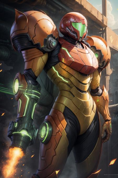 samus aran, varia suit, arm cannon, (orange armor:1.2), blue armor,